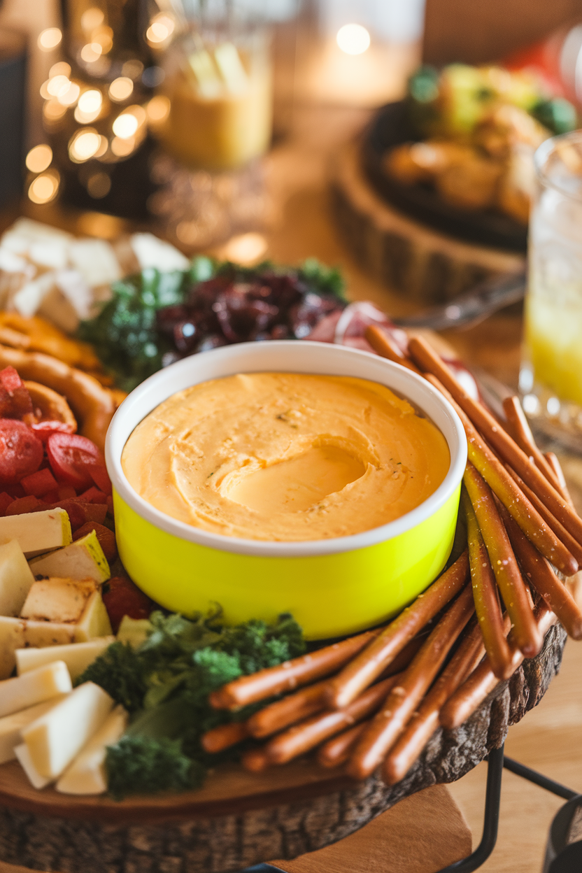 An indoor party platter featuring a neon-yellow bowl of melted edam cheese dip, pretzel rods on the side. Photo, no text or logos.