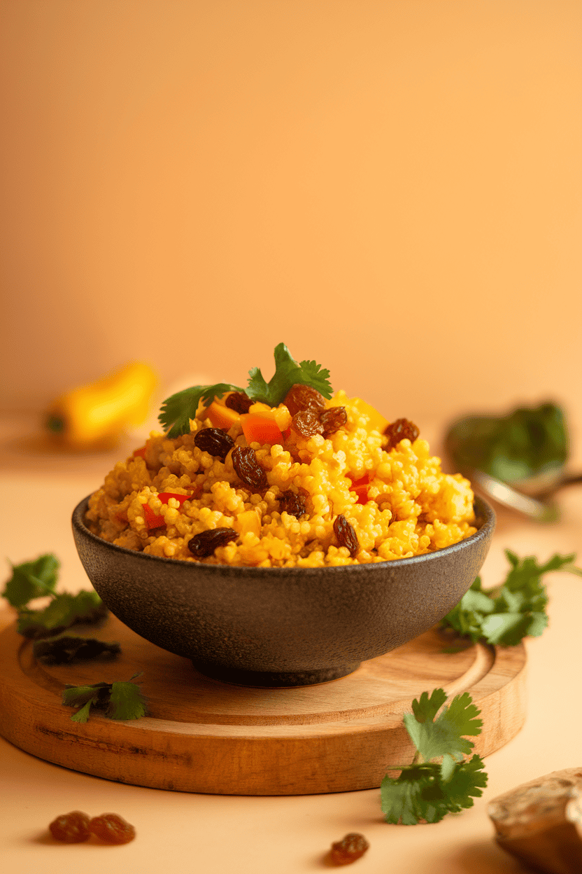 Warm indoor photo of a bowl of yellow curry-spiced quinoa with golden raisins, diced bell peppers, and cilantro; no text or logos.