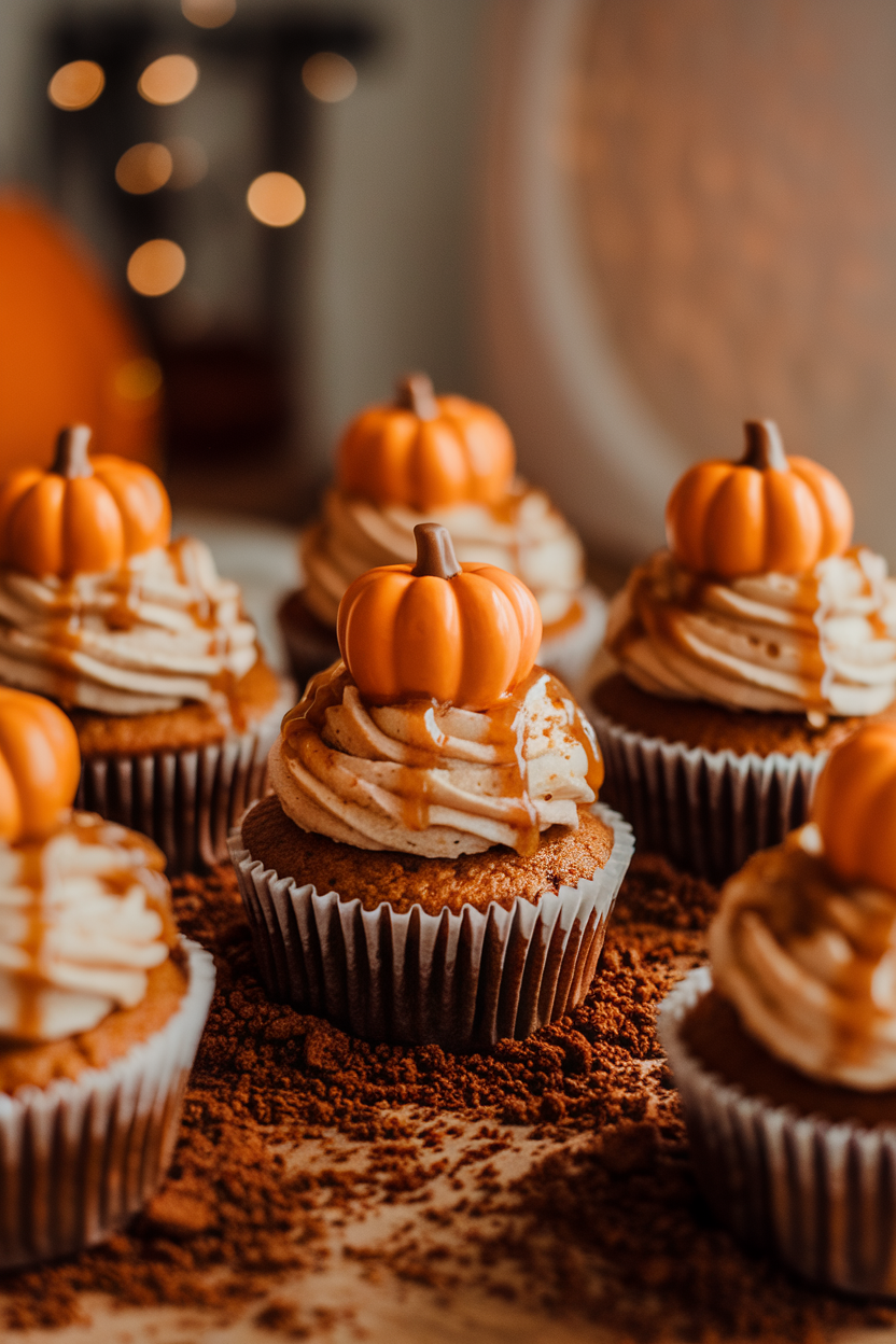 An indoor table with caramel-drizzled pumpkin cupcakes nestled in crushed cookie “soil,” each topped with a candy pumpkin, warm ambient lighting, no text or logos.