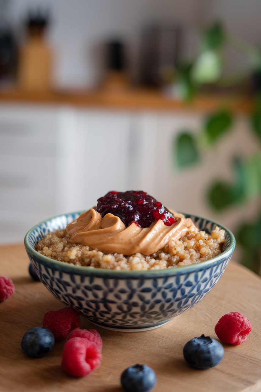An indoor cereal bowl filled with warm quinoa, swirl of peanut butter and berry jam on top. Photo only, no text or logos.