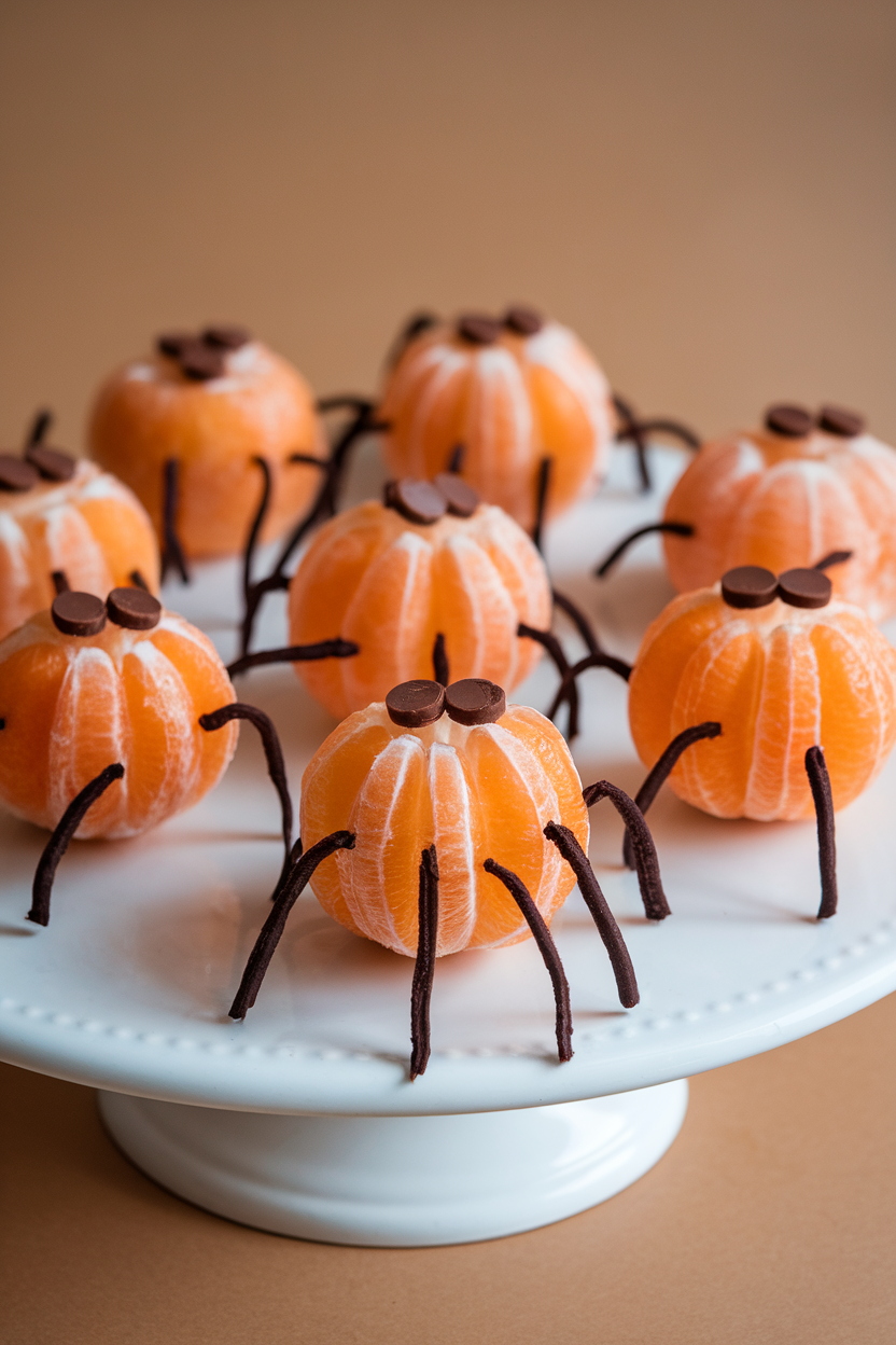 A white platter indoors with peeled tangerines reassembled into spheres, thin black licorice legs attached, chocolate chip eyes on top. No text or logos.
