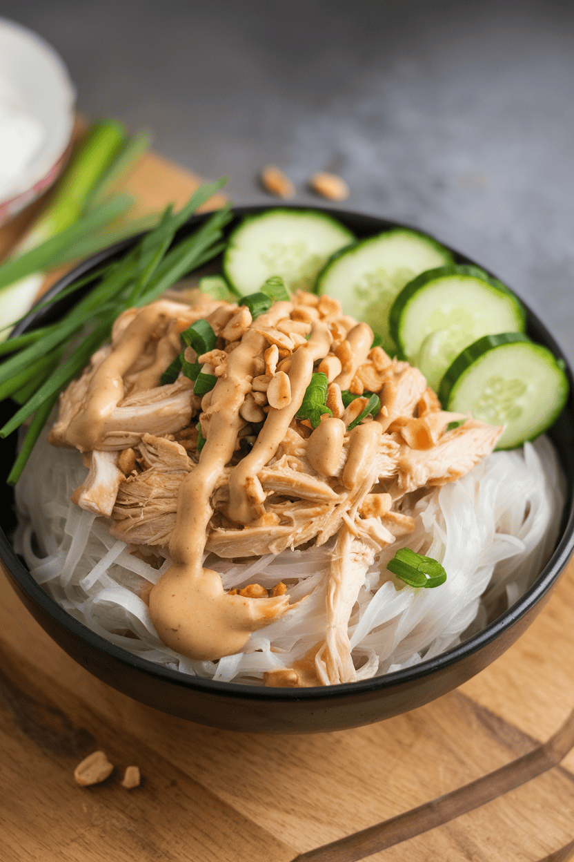 Photo of a bowl indoors with chilled rice noodles, shredded chicken, cucumber, and a drizzle of light peanut sauce, no text or logos.
