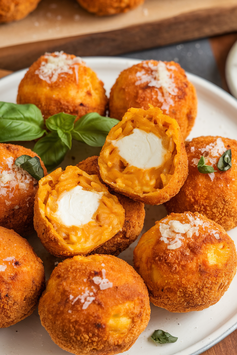 An indoor platter of round, breaded risotto arancini, one broken open to reveal pumpkin-orange rice and gooey mozzarella. No text or logos. Photo, not illustration.