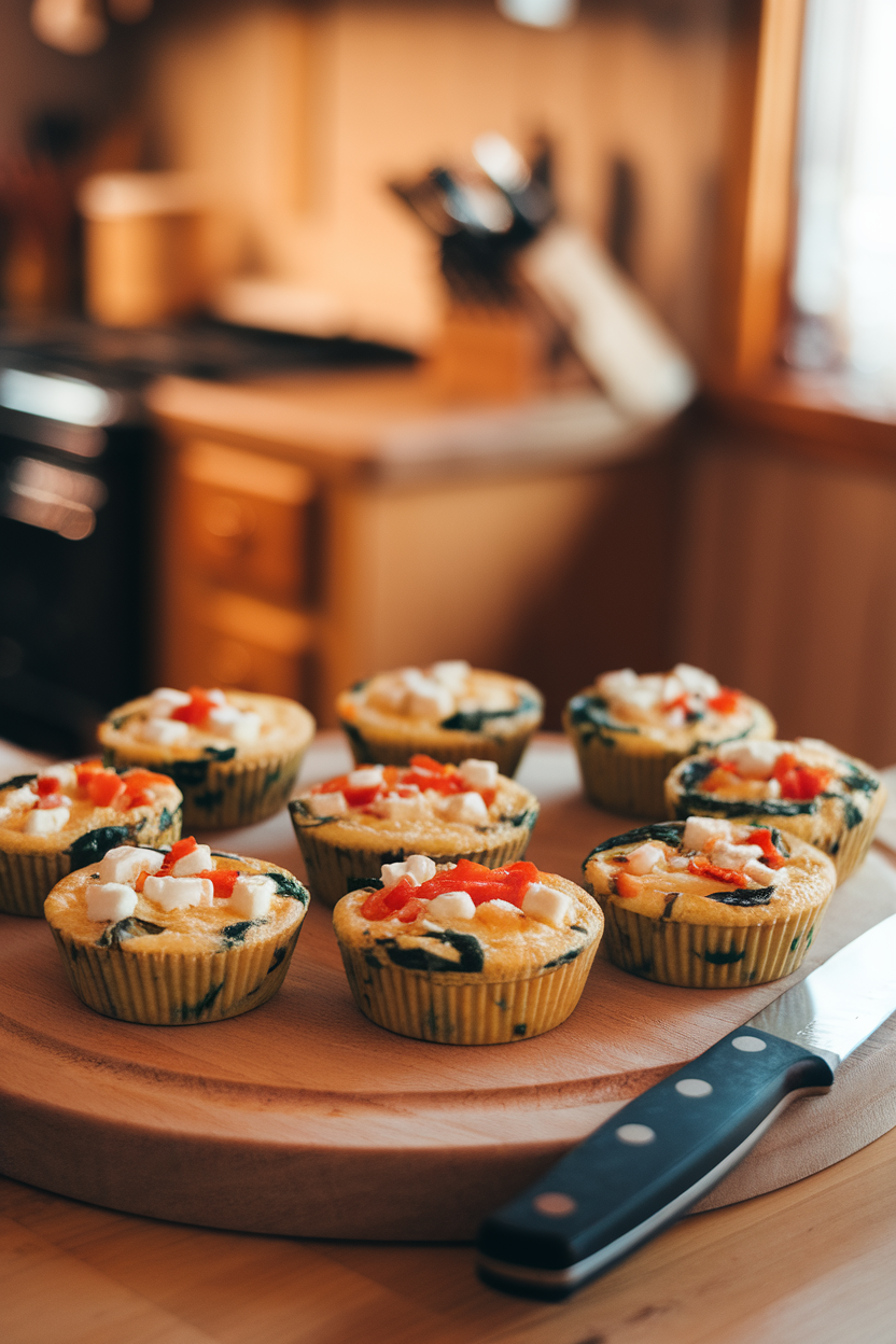 Indoor photo of a wooden cutting board displaying several mini frittata muffins studded with spinach, diced bell peppers, and feta. Warm kitchen lighting, no text or logos.