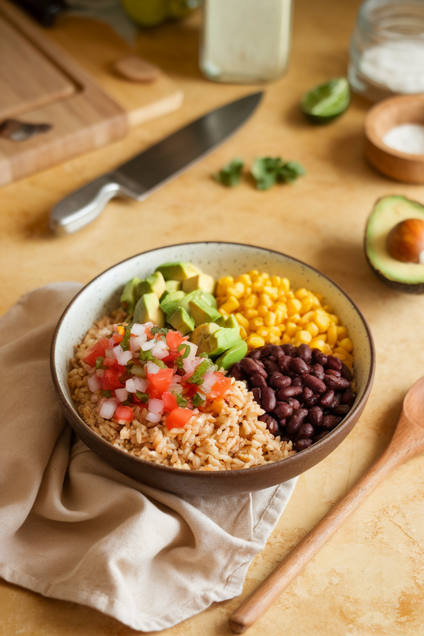 Warm indoor countertop scene with a bowl of seasoned brown rice, cumin-spiced black beans, roasted corn, diced avocado, and pico de gallo. No text or logos anywhere.