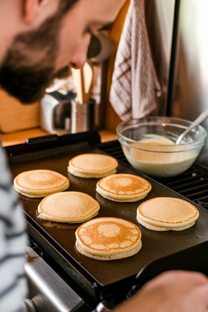 An indoor stovetop griddle scene with round pancakes being flipped, bowl of batter in background. Photo only, no text or logos.