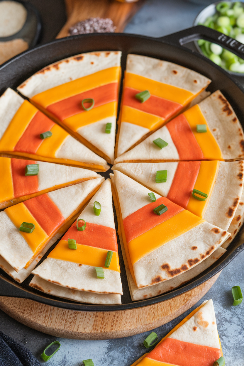 Indoor skillet of triangular quesadilla wedges arranged in a circle with cheddar, Monterey Jack, and mozzarella creating candy corn stripes. Photo, no text or logos.