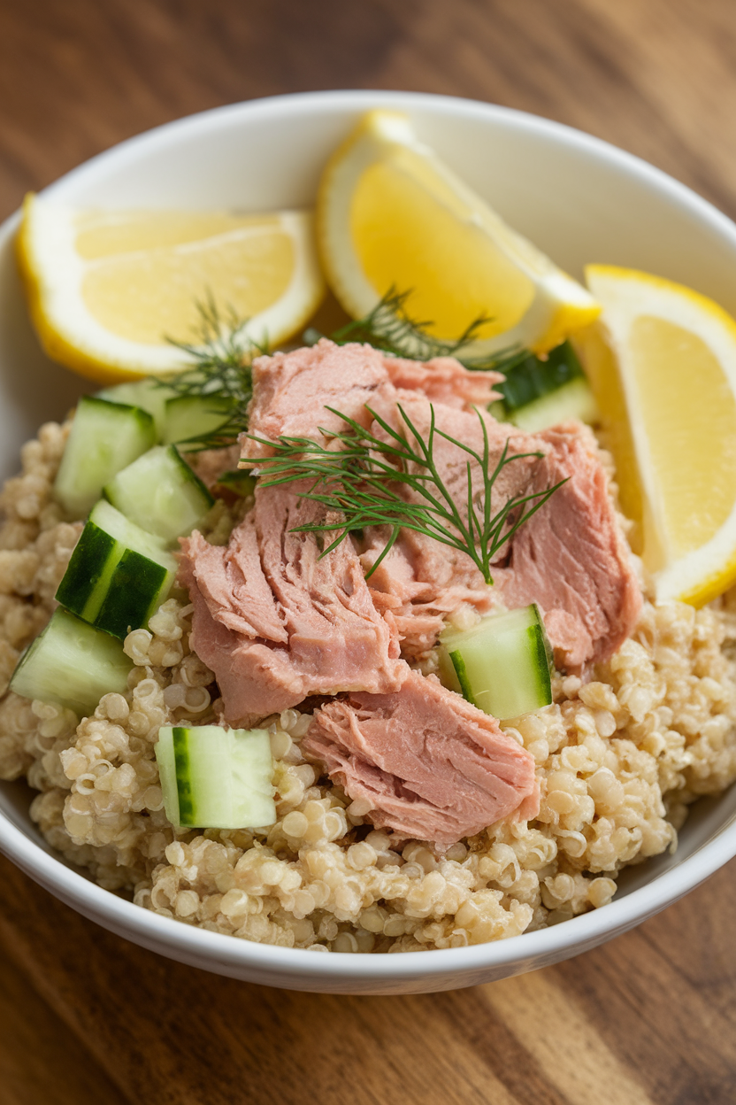 Indoor photo of a bowl of fluffy quinoa mixed with flaked tuna, diced cucumber, and fresh dill, garnished with lemon wedges. No logos or text.