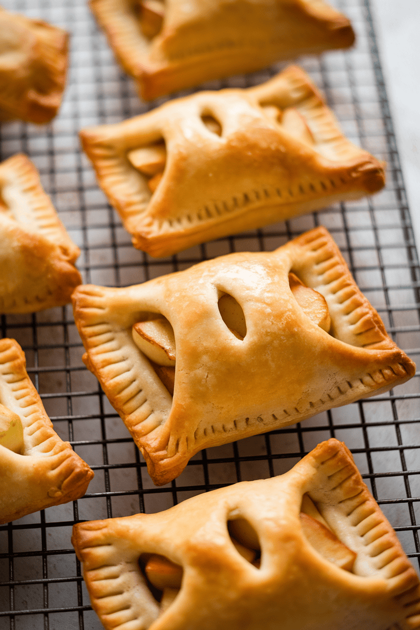 Indoor photo of golden apple hand pies on a cooling rack, flaky crust vented on top, no text or logos
