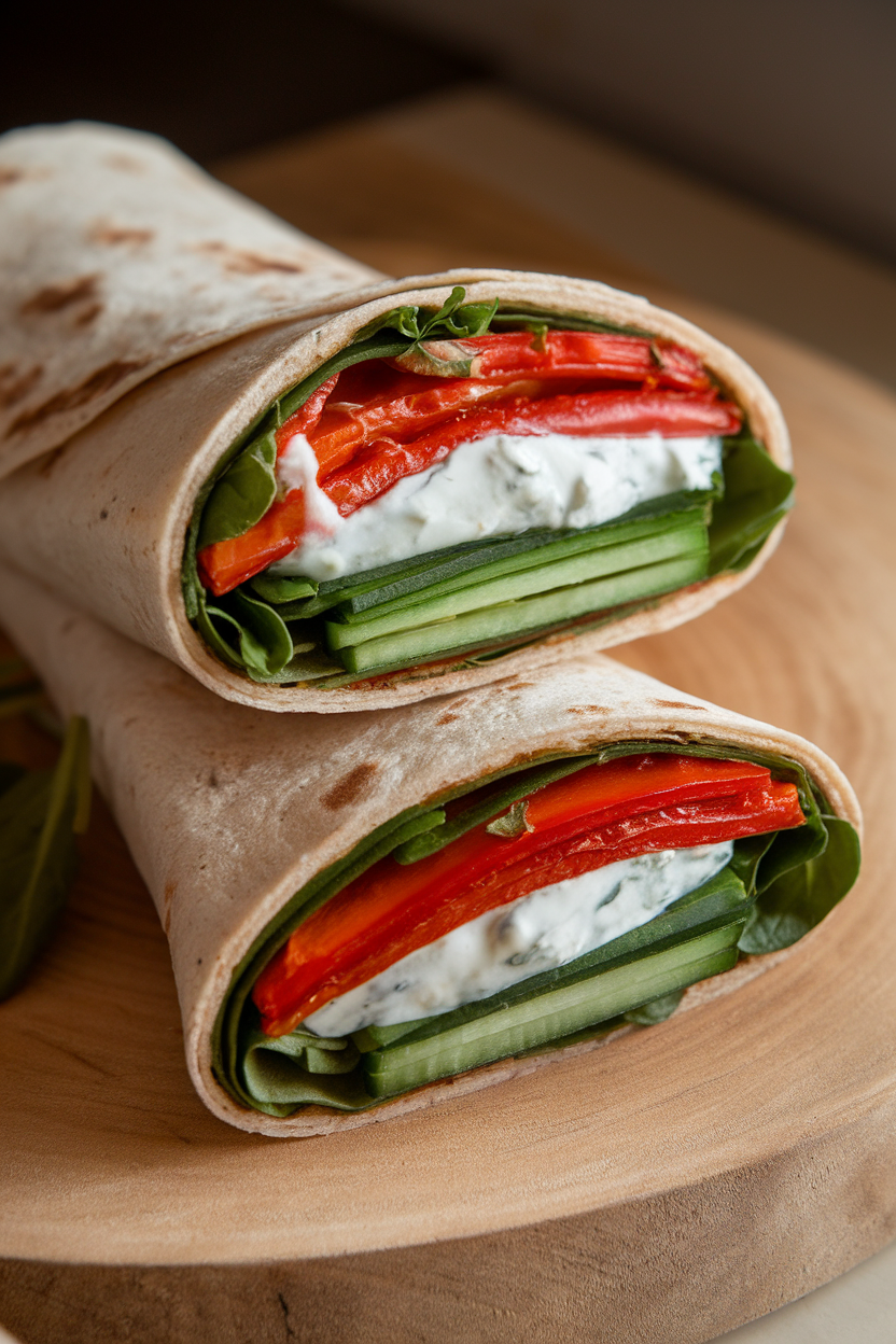 A softly lit indoor photo of a whole-wheat wrap cut in half, revealing layers of roasted red pepper, cucumber ribbons, baby spinach, and a dollop of tzatziki, no text or logos.