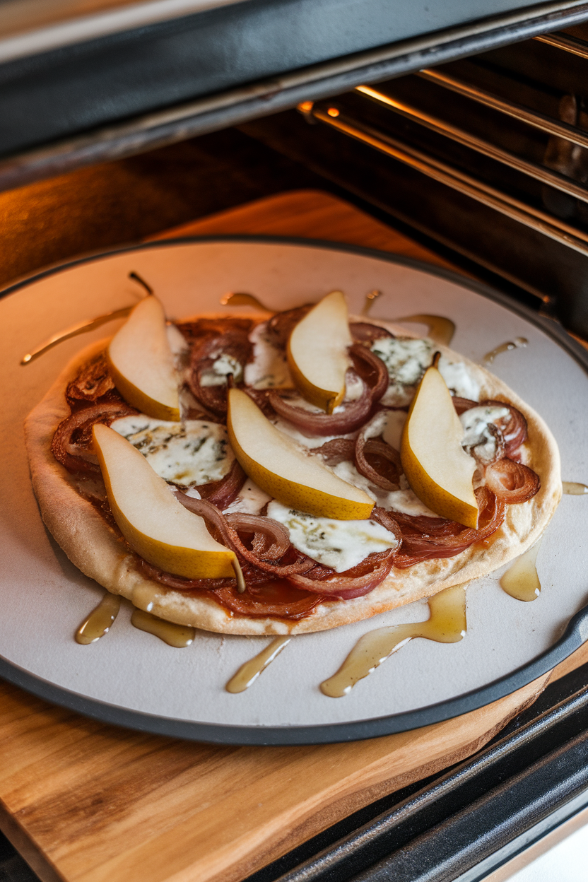 An indoor pizza stone featuring a sliced flatbread topped with caramelized onions, pear slices, and melted gorgonzola, honey drizzled lightly. No logos or text. Photo only.