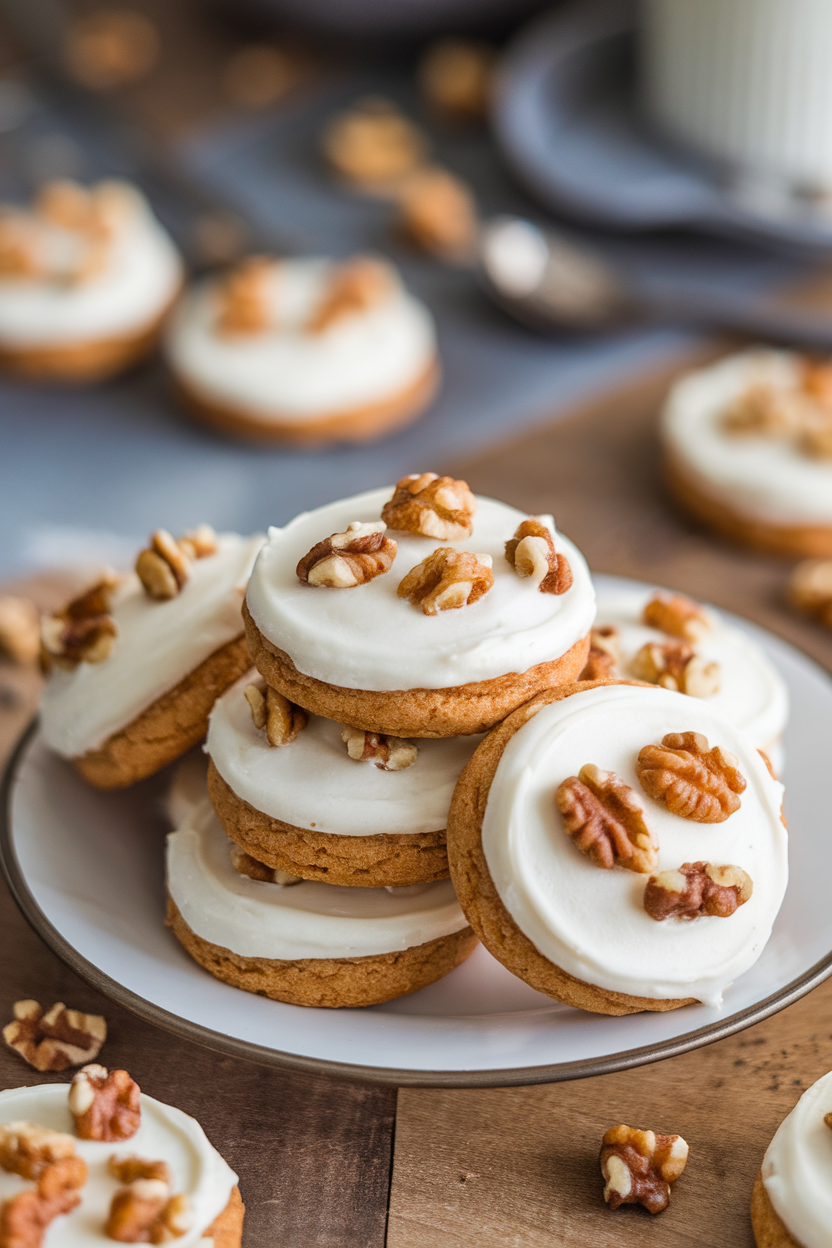 Indoor setup showing frosted carrot cake cookies topped with tiny walnut pieces, stacked on a white platter. No text or logos. Photo only.