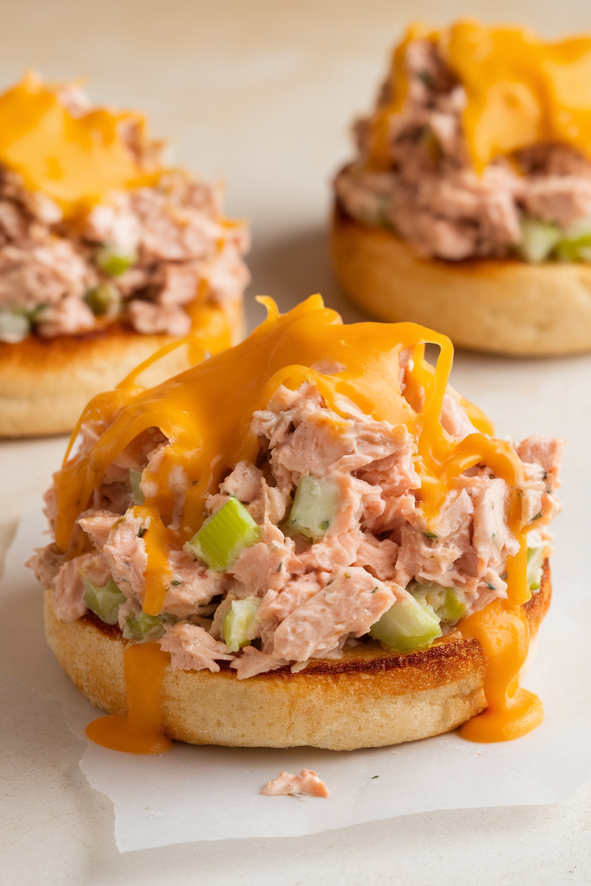 Photo of an indoor plate with an open-faced toasted English muffin topped with tuna salad and melted cheddar bubbling around the edges. No text or logos.