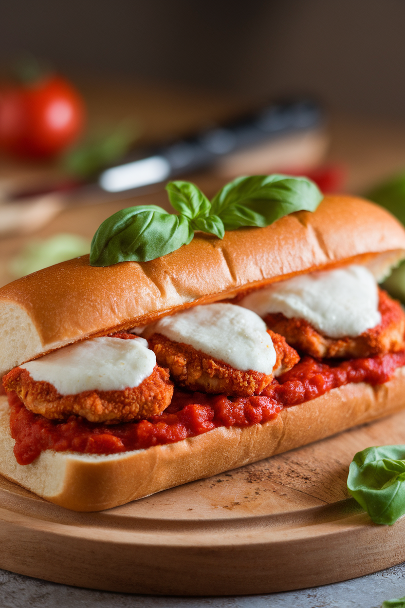 Indoor photo of crispy chicken cutlets in marinara, topped with mozzarella inside a toasted sub roll, no text or logos. Photograph, not illustration.
