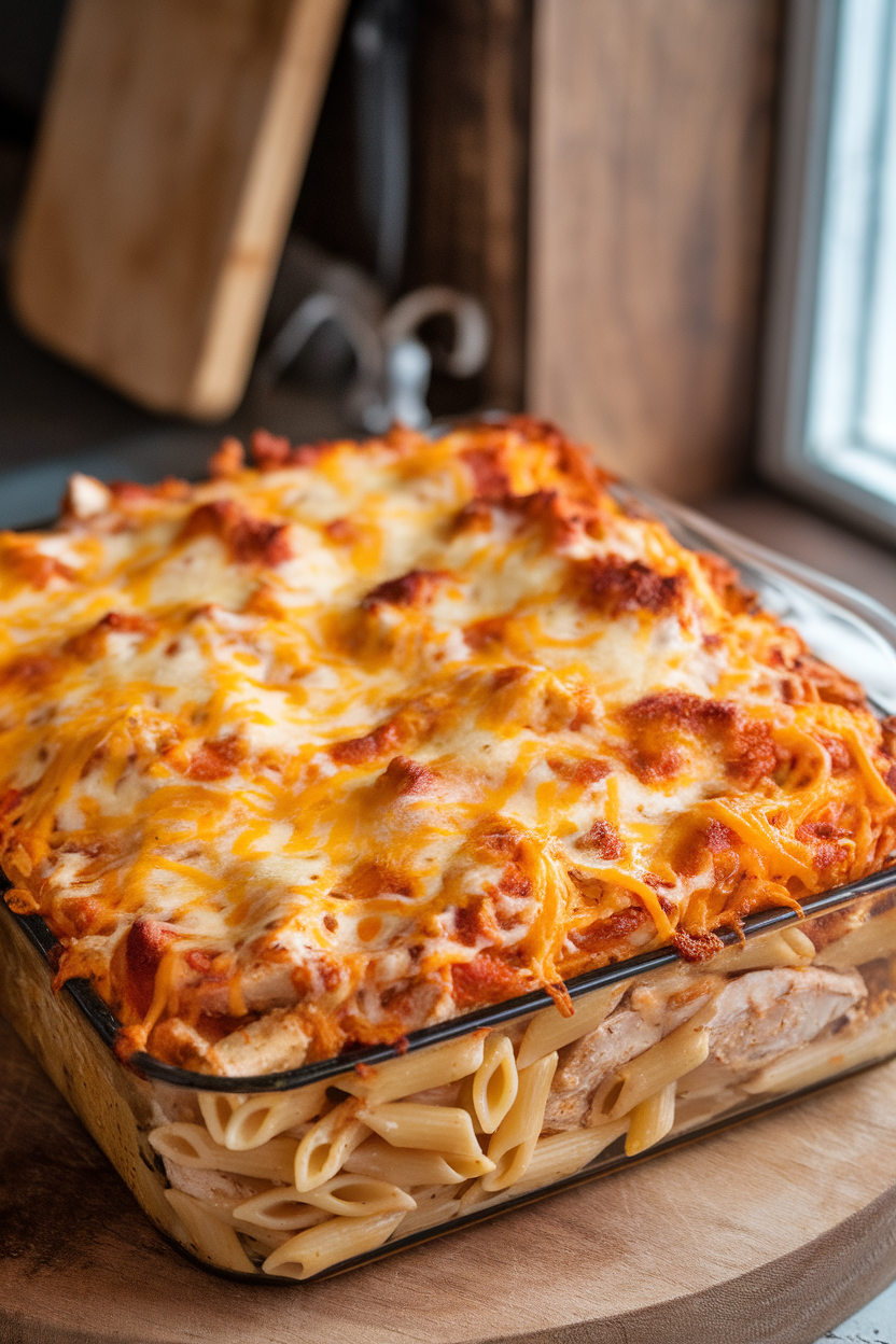 Indoor casserole dish with penne, chicken chunks, and creamy Alfredo sauce, cheese bubbling and browned. No text or logos.