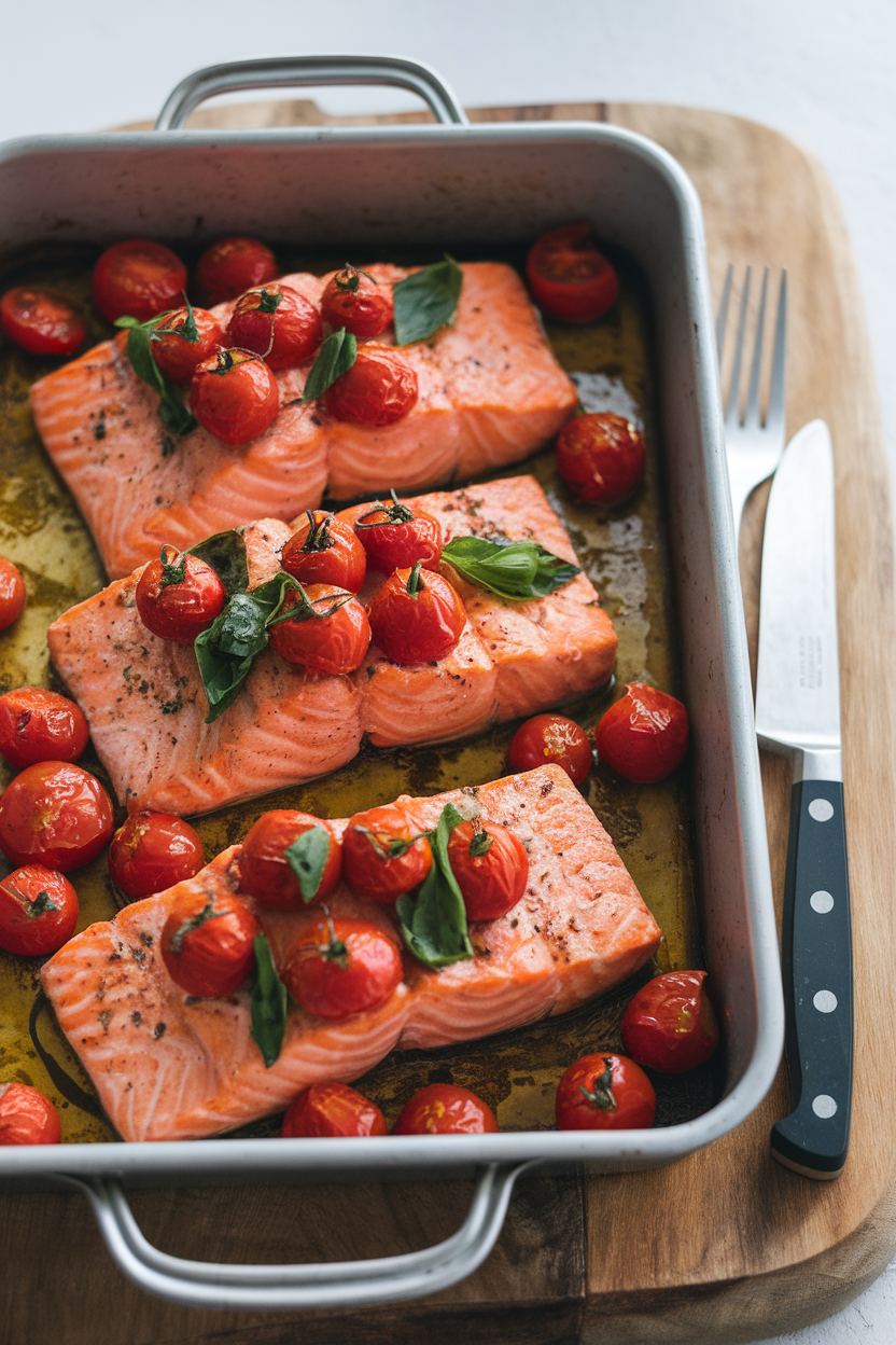 An indoor dining table set with a baking dish of cooked salmon fillets topped with melted cherry tomatoes, fresh basil, and a light olive-oil drizzle. No text or logos; photography only.