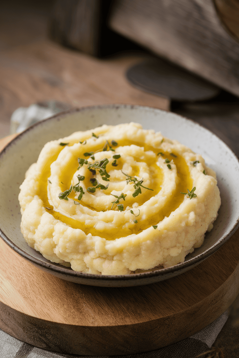 Indoor side-dish plate of fluffy cauliflower-potato mash with a swirl of olive oil on top. Photo only, logo-free.