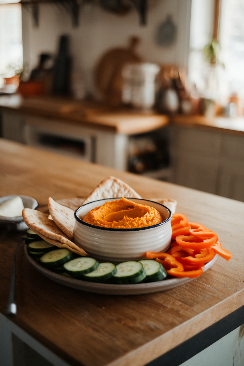 Indoor kitchen island scene with a pottery bowl of orange butternut squash hummus, surrounded by cucumber rounds, bell-pepper strips, and pita triangles. No text or logos. Photo only.