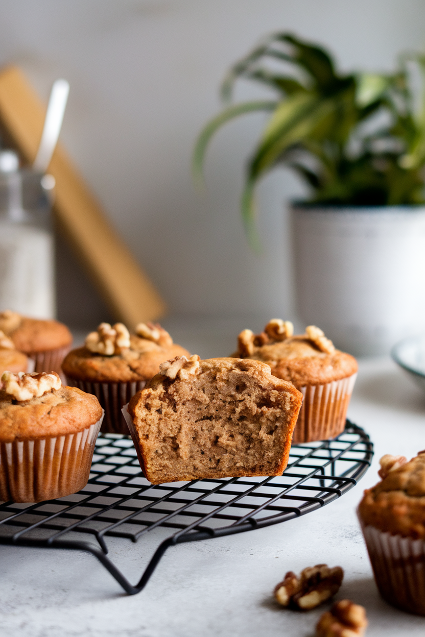 Indoor kitchen scene with a muffin cooling rack holding flourless banana muffins, one broken open to show moist crumb and walnut pieces. No text or logos.