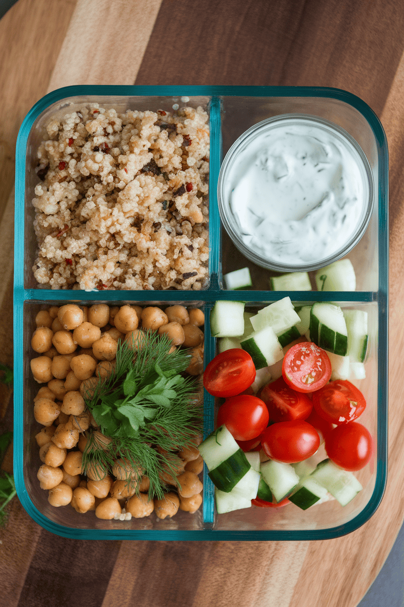 A photo taken indoors of a divided glass container holding fluffy quinoa, herby chickpeas, chopped cucumber, cherry tomatoes, and a small side of tzatziki. No text or logos anywhere.