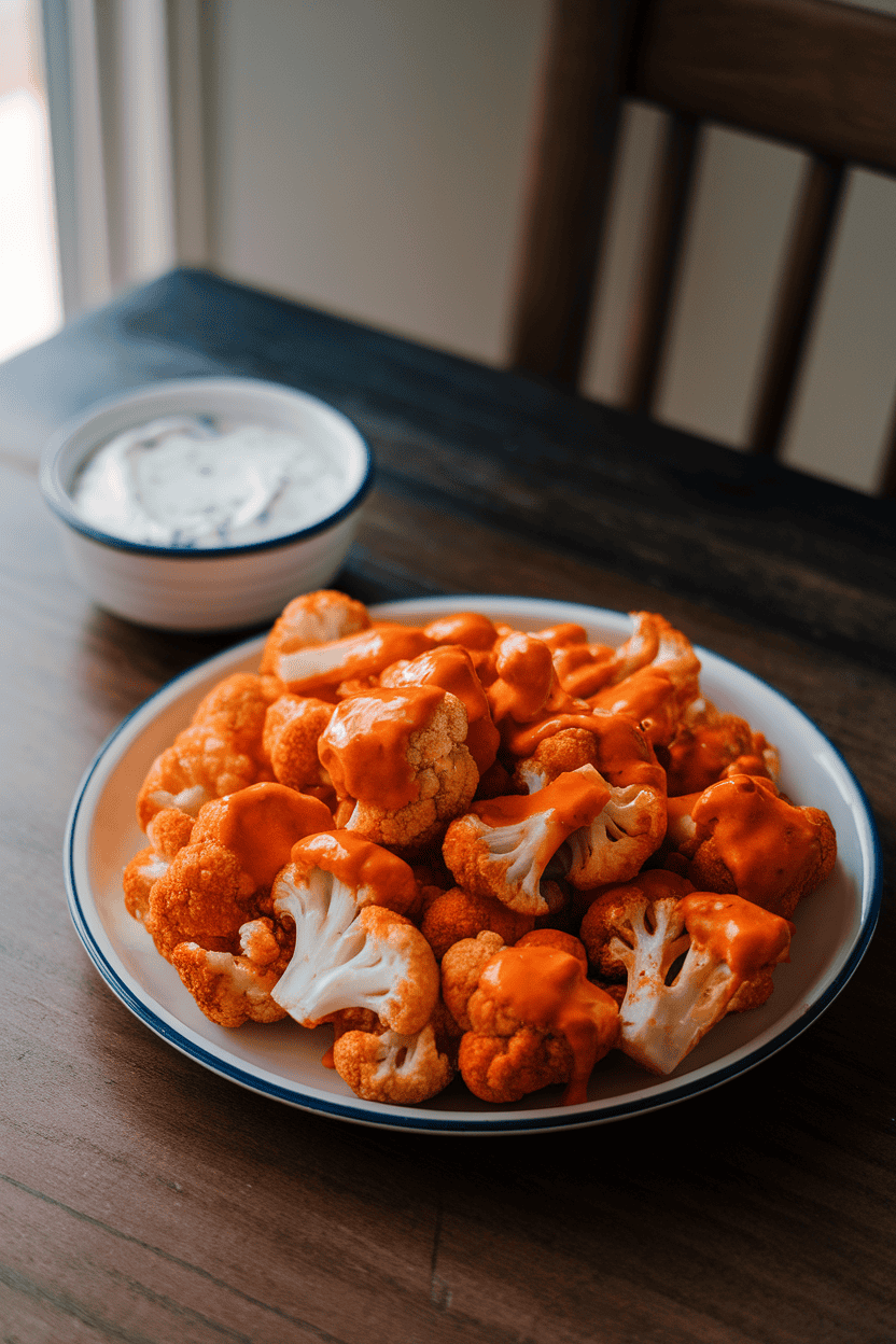 Indoor table featuring crispy grilled cauliflower florets coated in buffalo sauce, blue cheese dip in a small bowl alongside. No text or logos present. Photo, not illustration.