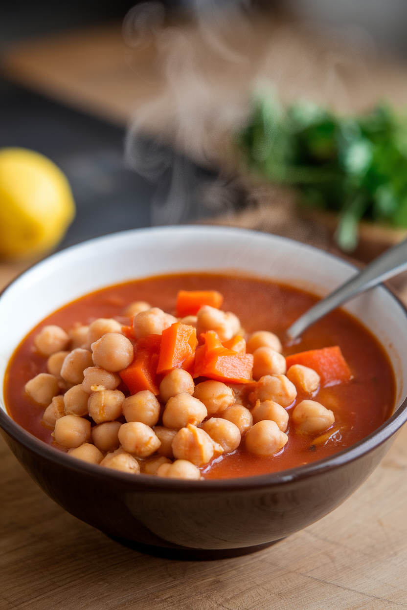 Indoor bowl of soft chickpea stew with diced carrots and a thin tomato broth, steam visible. No text or logos; photo only.