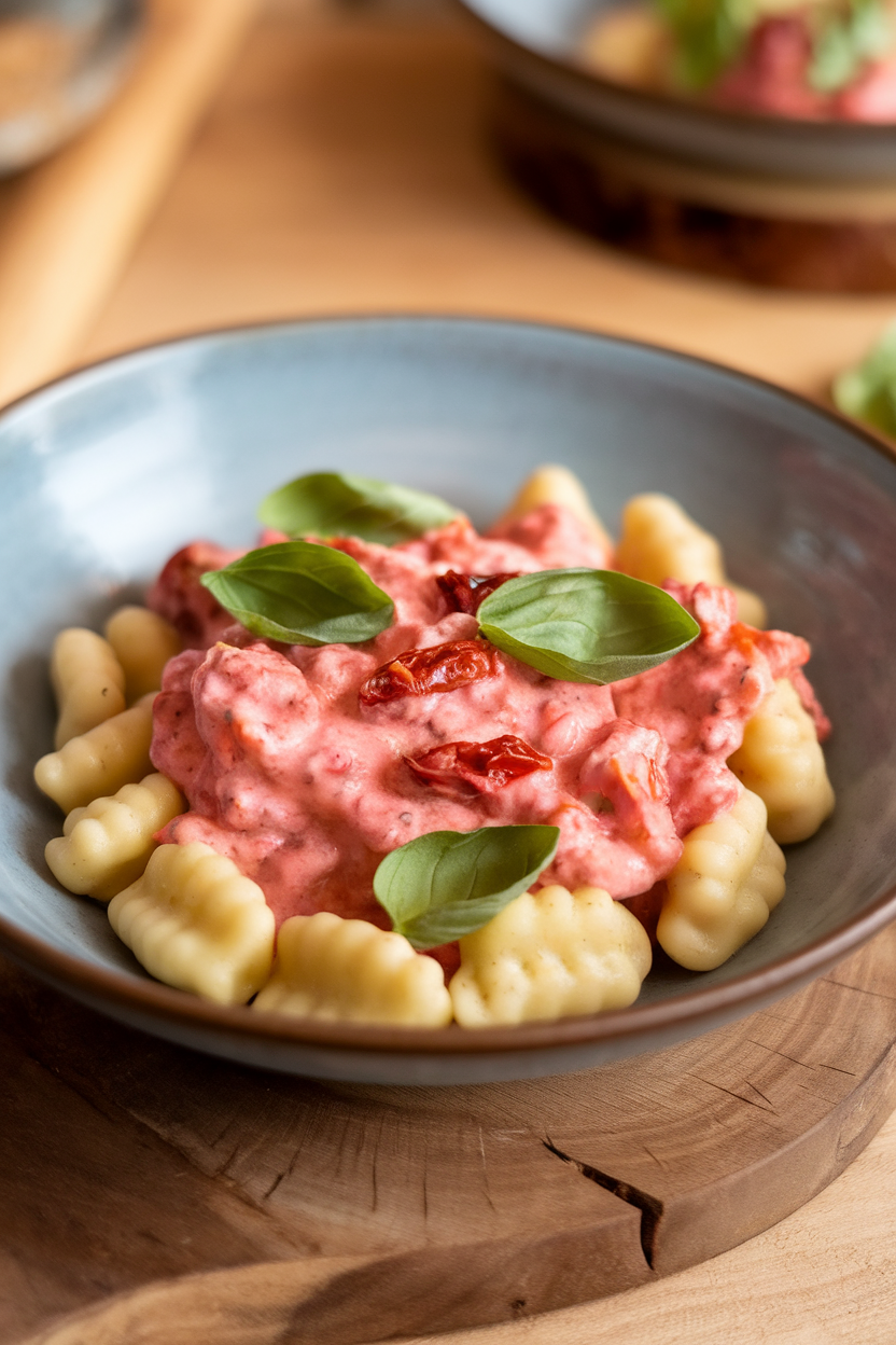Shallow bowl of potato gnocchi coated in pink sun-dried tomato cream sauce, basil leaves scattered on top, indoor soft lighting. No text or logos.