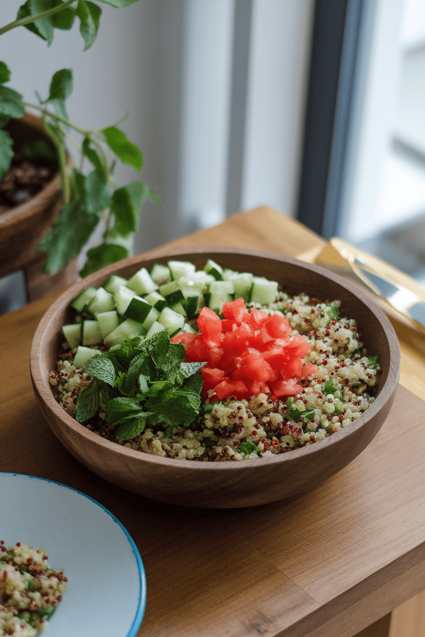 An indoor dining table with a wooden bowl of colorful quinoa tabbouleh dotted with cucumber cubes, chopped mint, and diced tomato—no logos or text in sight. Photo only.