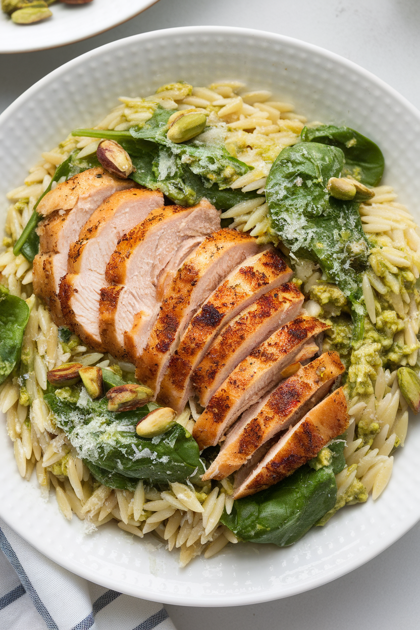 Indoor image of orzo tossed in pistachio pesto with sliced grilled chicken and baby spinach. No text or logos.
