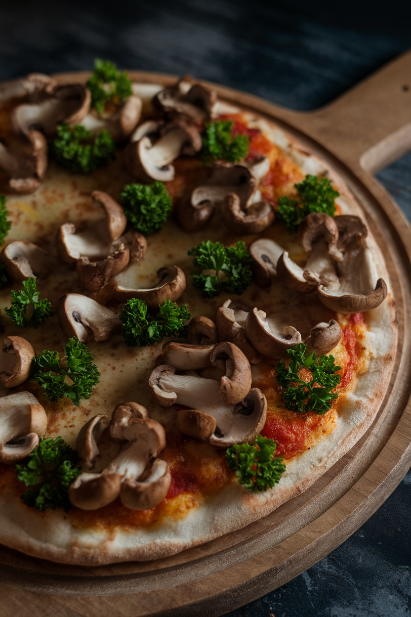A pizza topped with clusters of sautéed mushrooms and parsley sprigs arranged like a shadowy forest—photo taken indoors with moody lighting. Photo only, no text or logos.