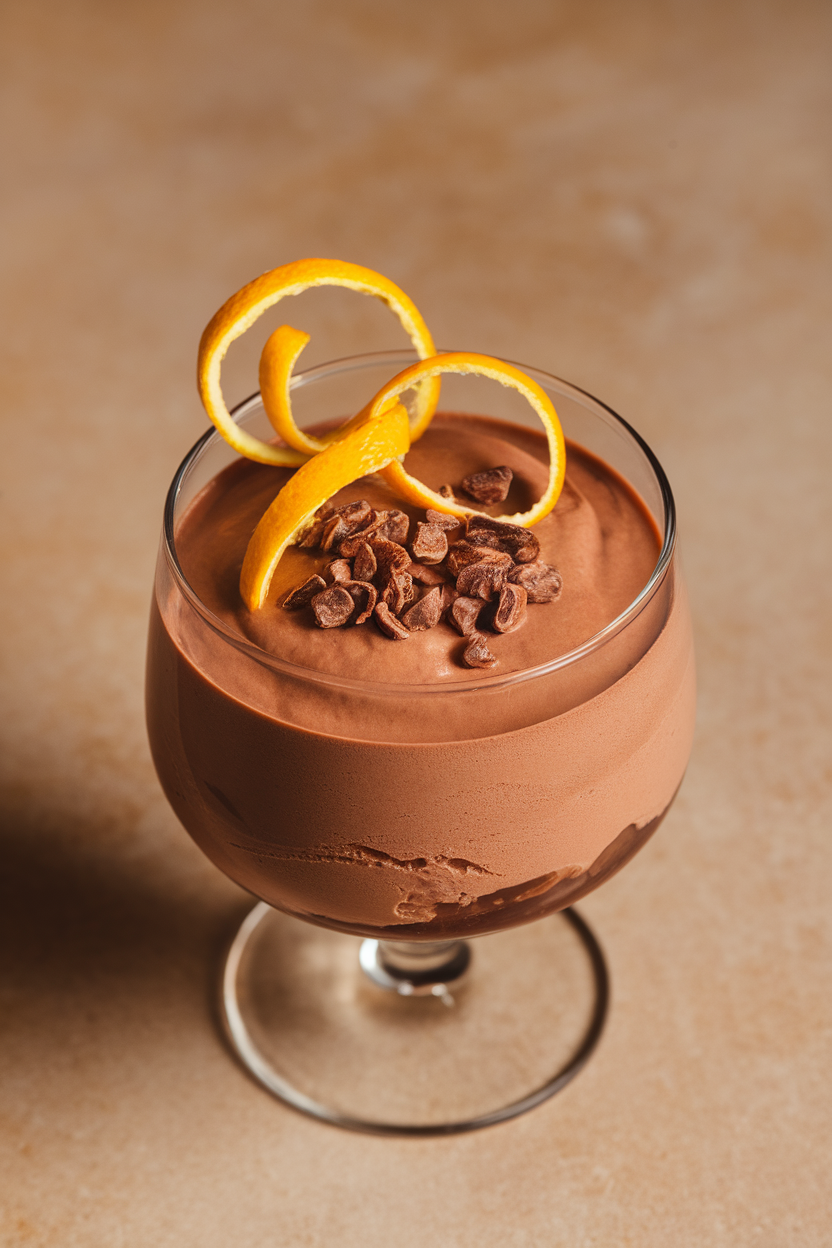 An indoor dessert glass filled with velvety chocolate mousse, a curl of orange zest and roasted cacao nibs on top. No text or logos.