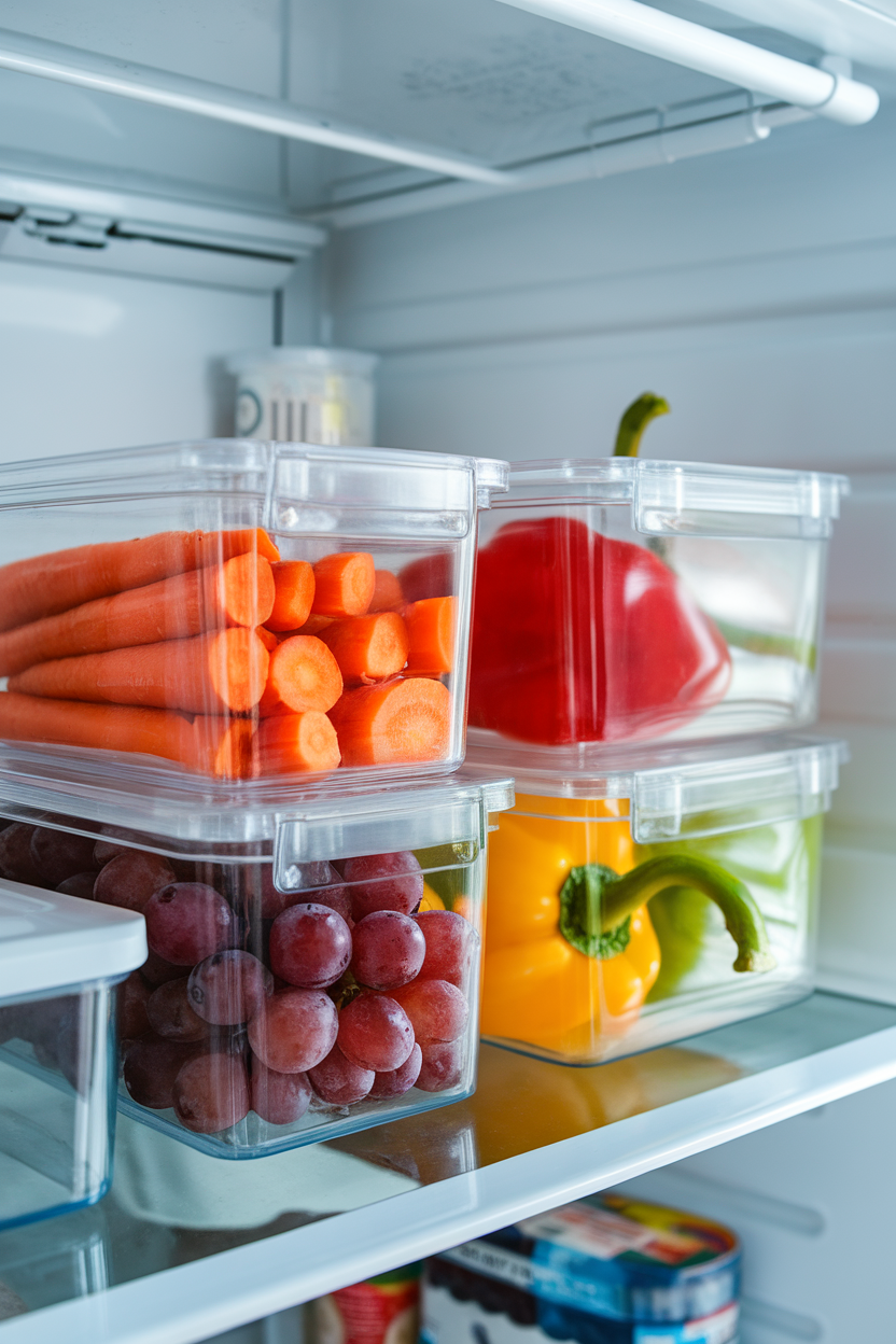 Indoor photo of a refrigerator shelf featuring clear containers of sliced carrots, bell peppers, and washed grapes; no text or logos
