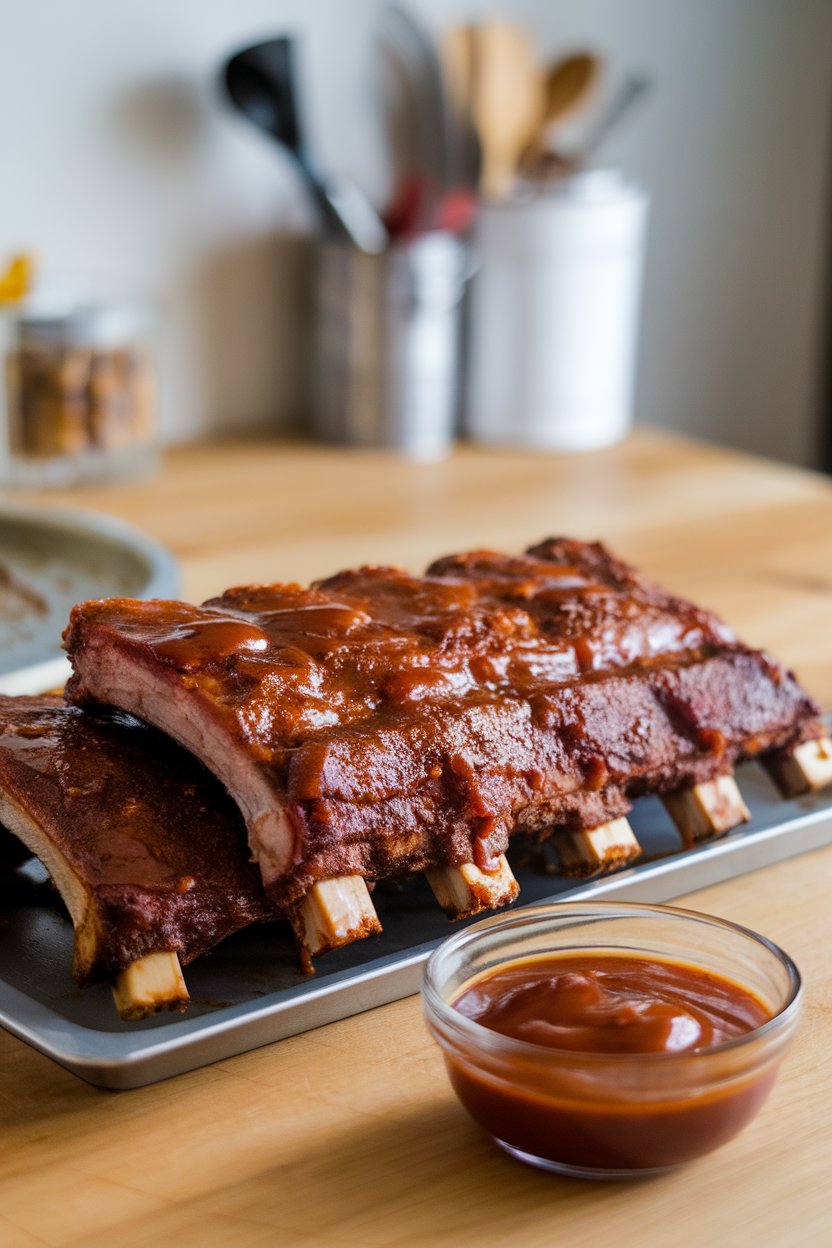 Indoor kitchen table displaying a platter of saucy cooked baby back ribs with a small bowl of barbecue sauce on the side. No text or logos. Photo.