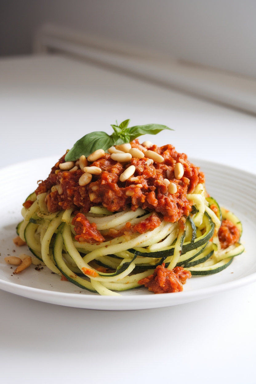 Indoor photo of zucchini noodles coated in sun-dried tomato pesto, topped with pine nuts and basil, shot at a 45-degree angle. No text or logos.