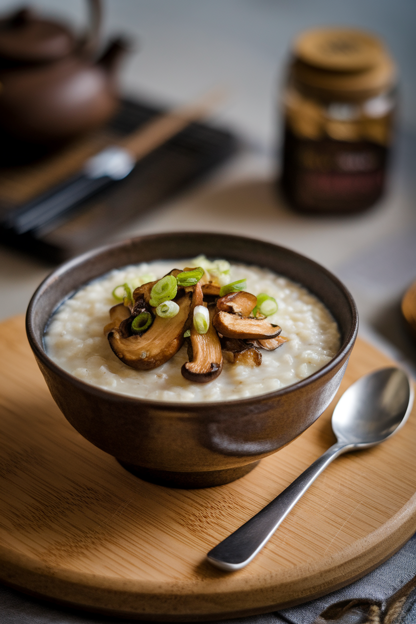 Indoor bowl of creamy rice porridge topped with sautéed shiitake mushrooms and scallions. No text or logos in scene.