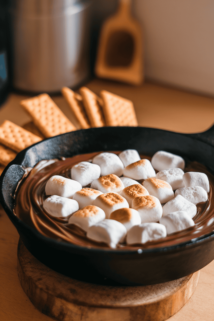 Indoor photo of molten chocolate and toasted marshmallows in a cast-iron skillet, graham crackers beside for dipping; no logos or text.