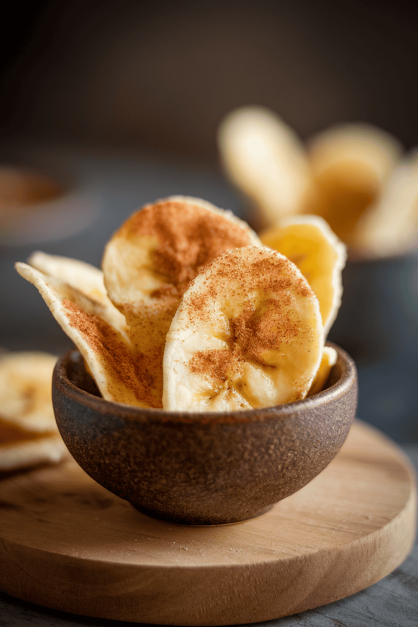 Indoor photo of thin banana chips dusted with cinnamon sugar in a small bowl, backlit for a gentle glow. No text or logos.
