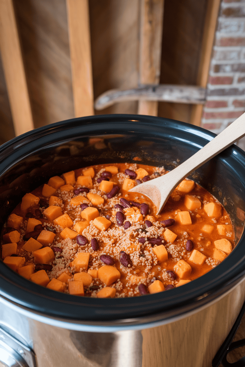 An indoor crock of thick chili featuring orange cubes of butternut squash, red beans, and quinoa in a tomato base. A ladle leans on the side. No text or logos visible. Photo, not illustration.