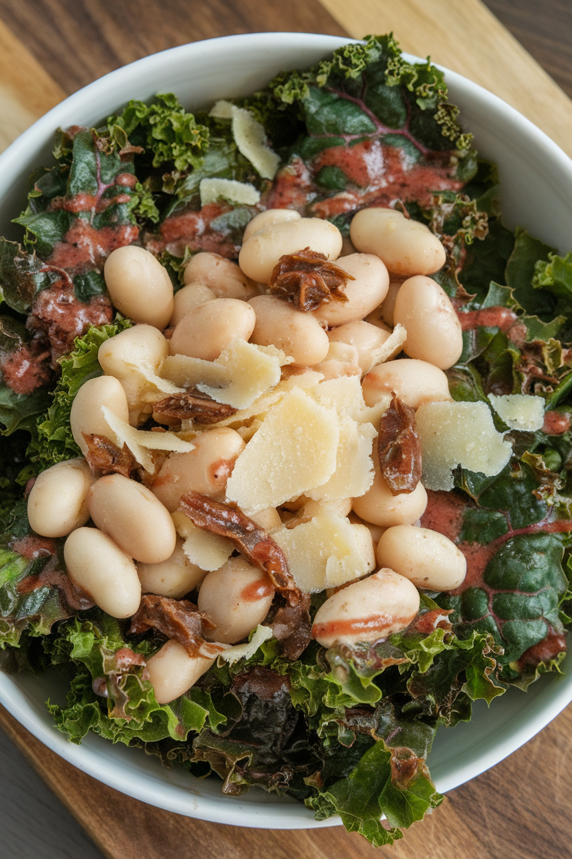 An indoor salad bowl of massaged kale leaves, creamy white beans, shaved Parmesan, and anchovy-lemon dressing. No logos or text; photography only.