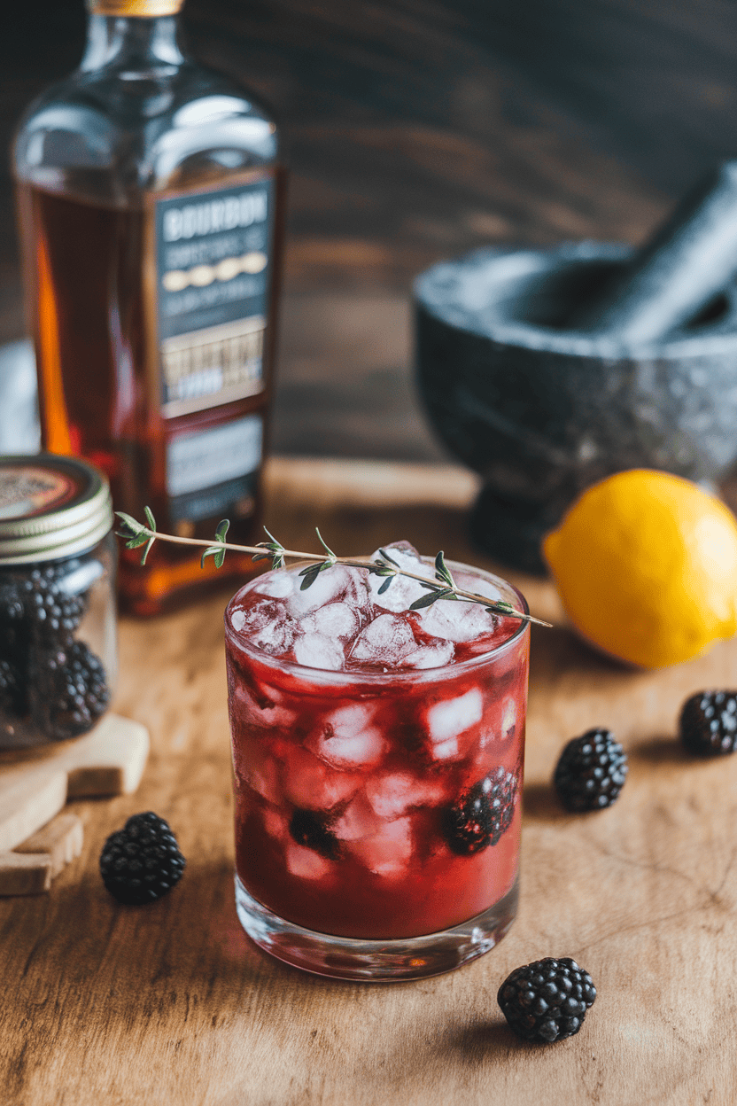 Indoor aged-wood bar with a rocks glass of muddled blackberry bourbon smash, crushed ice heaped, sprig of thyme charred slightly; no text or logos.