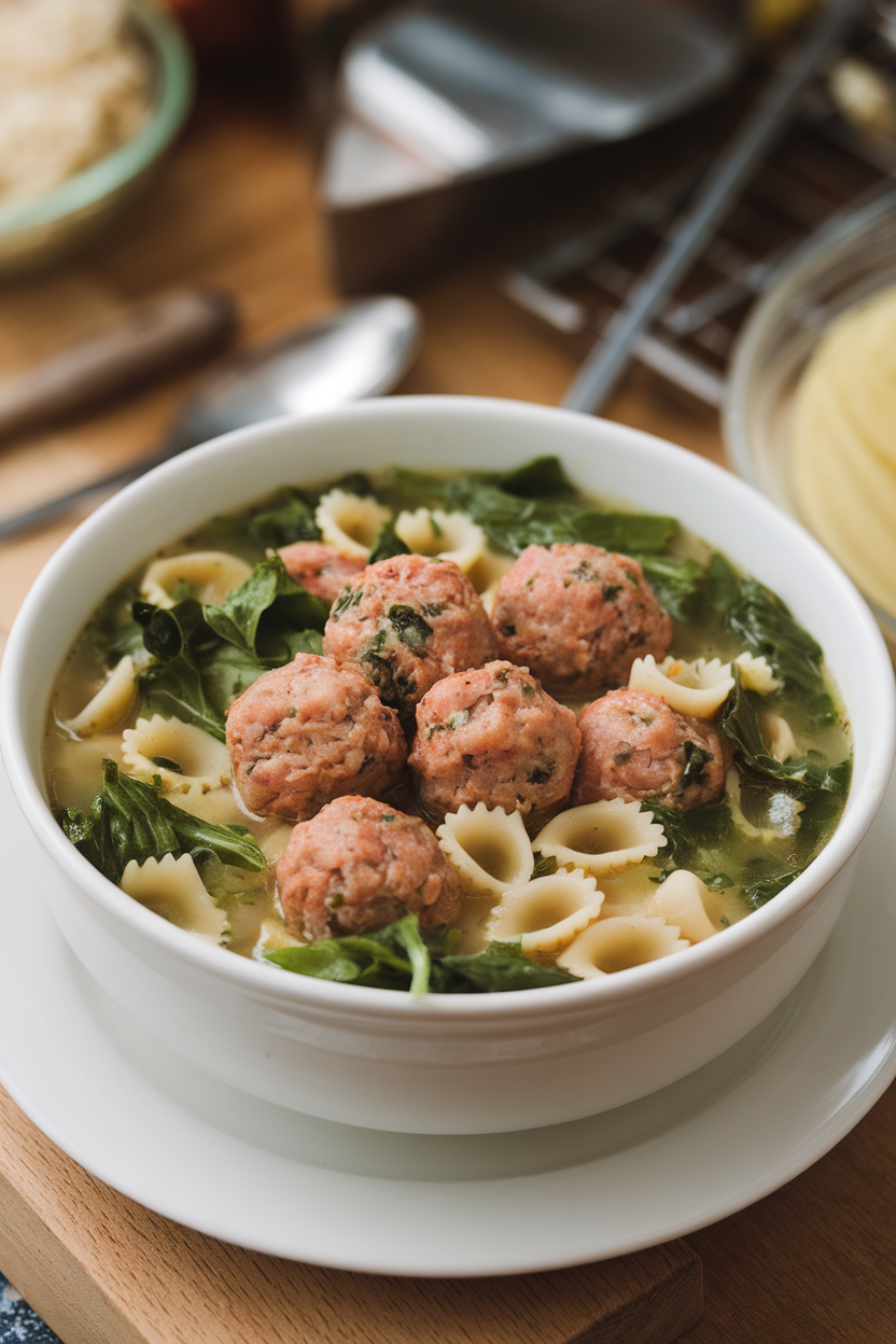 Indoor photo of a bowl of Italian wedding soup with mini meatballs, greens, and acini di pepe pasta. No logos or text.