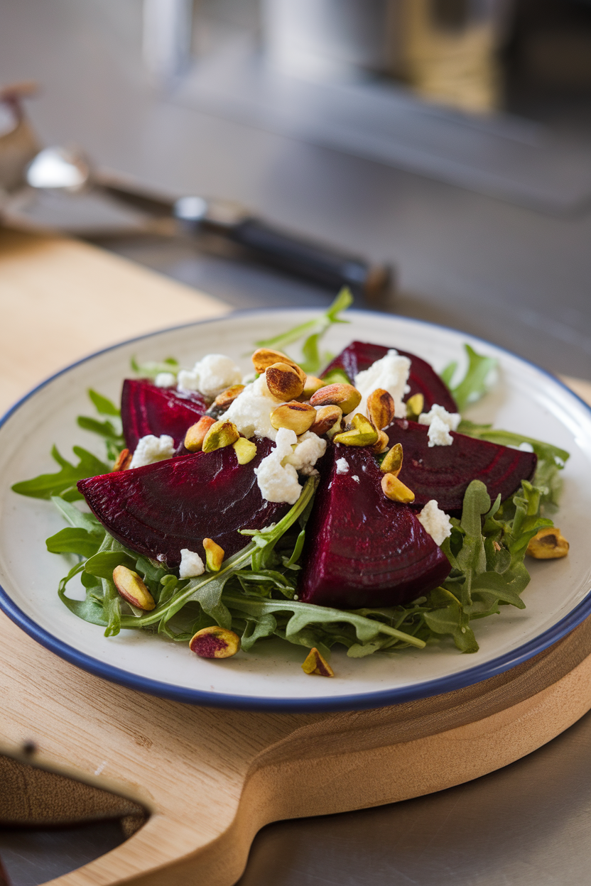 An indoor salad plate featuring roasted beet wedges, crumbled goat cheese, arugula, and pistachios, no text or logos. Photo.</Prompt