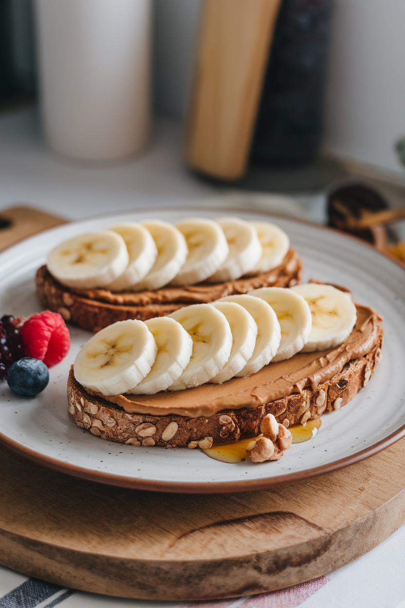 Indoor photo of a rustic plate holding whole-grain toast spread with creamy peanut butter and neatly fanned banana slices, drizzled with a touch of honey. No text or logos present.