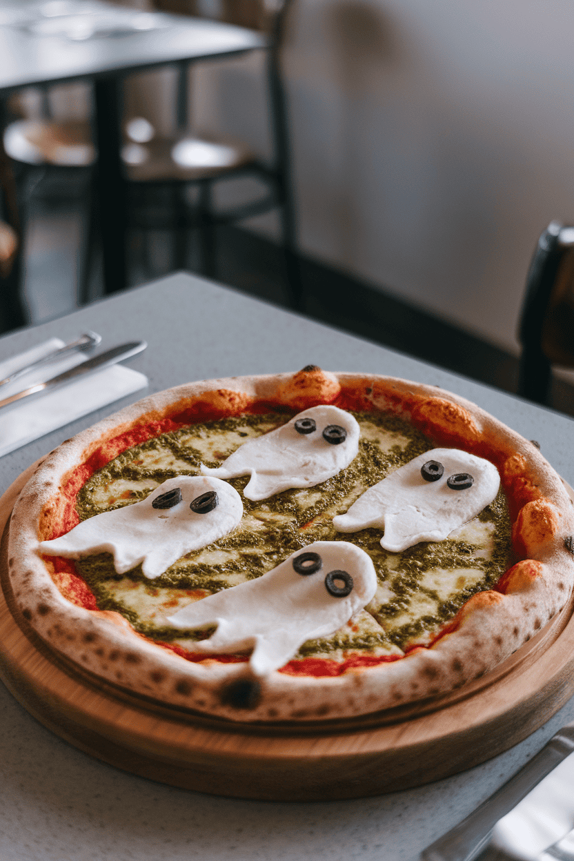 Indoor restaurant-style table with a pesto-sauced pizza covered in ghost-shaped mozzarella slices, eyes cut from tiny olive bits. No text or logos.