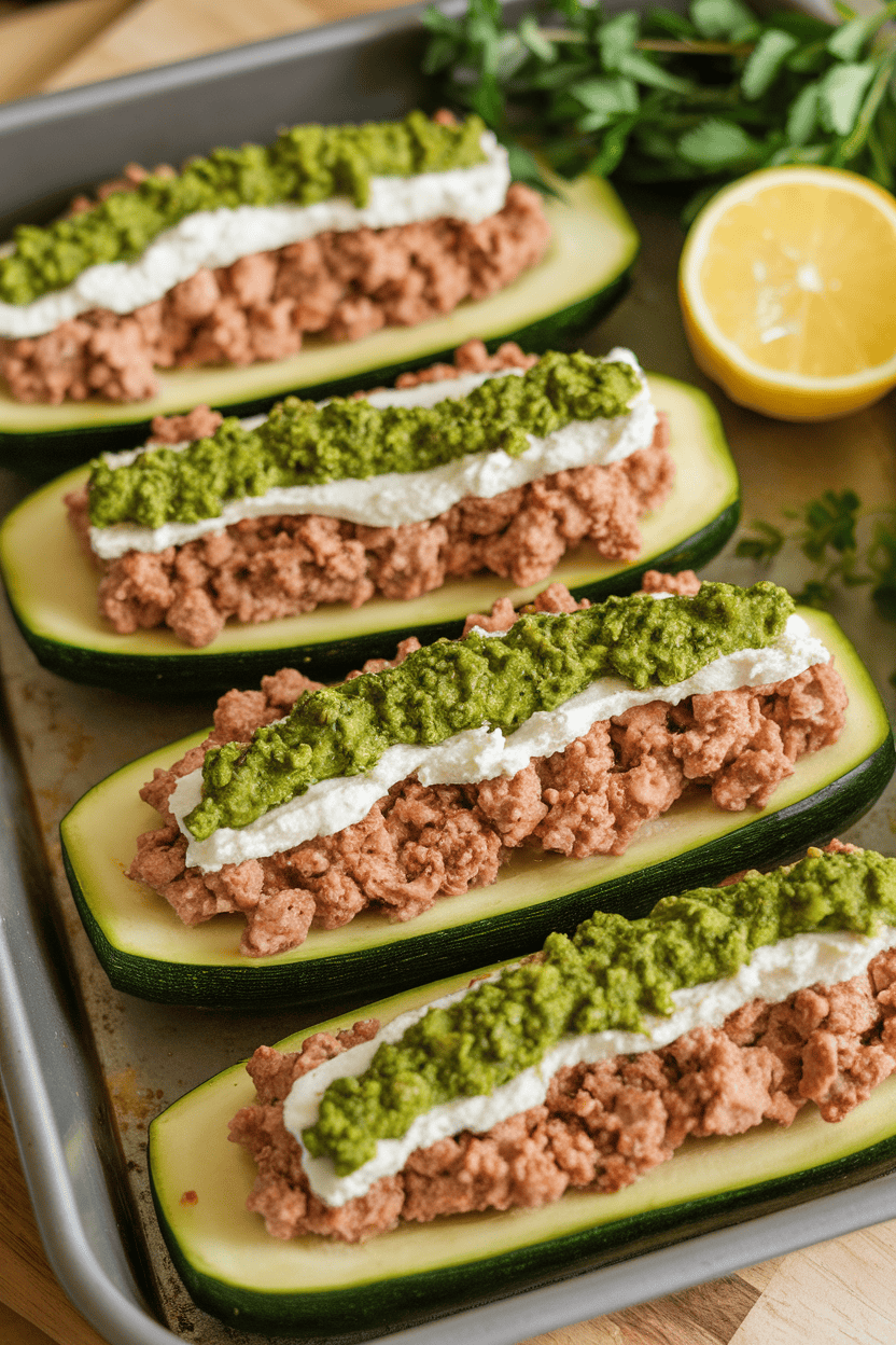 Photo of zucchini halves indoors filled with ground turkey and green pesto-cottage cheese topping, no text or logos.