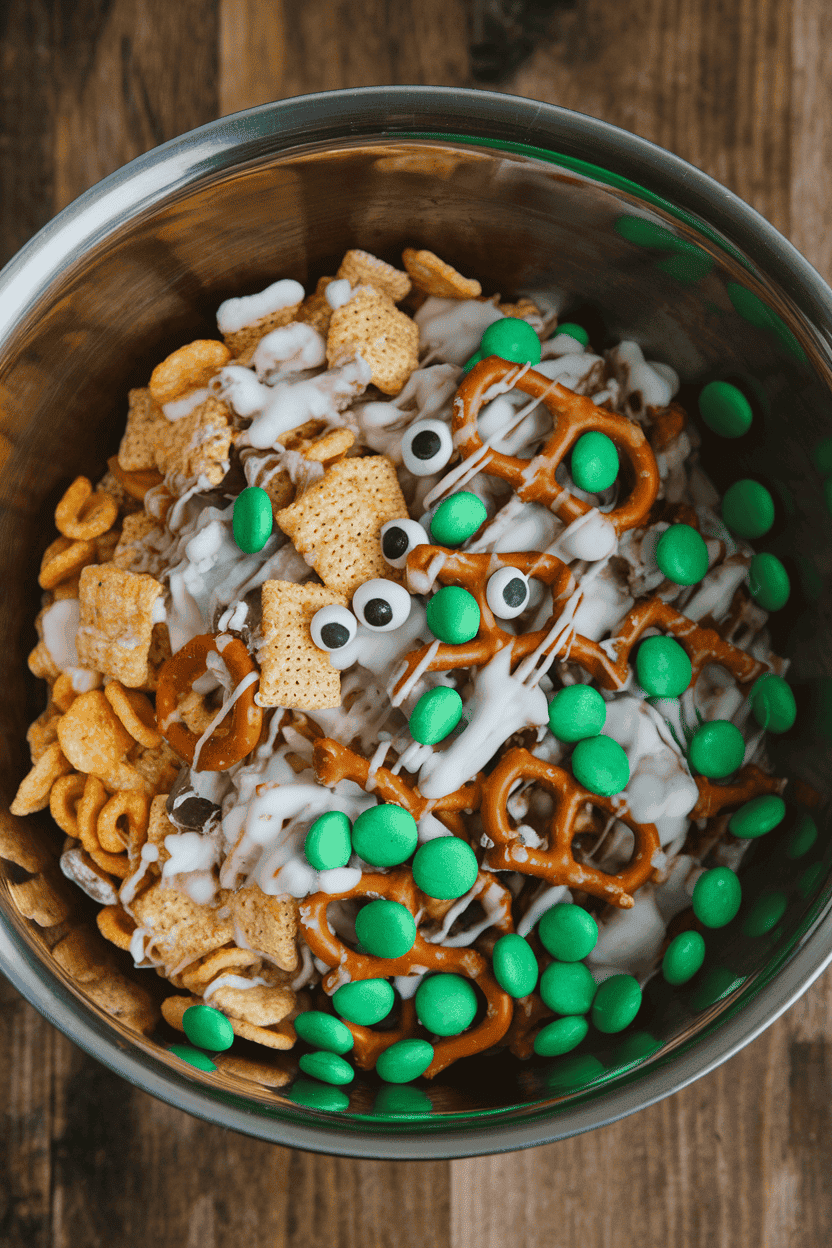 Indoor mixing bowl of cereal, pretzels, candy eyes, and green candy-coated chocolates tossed in white chocolate coating. No logos or text.