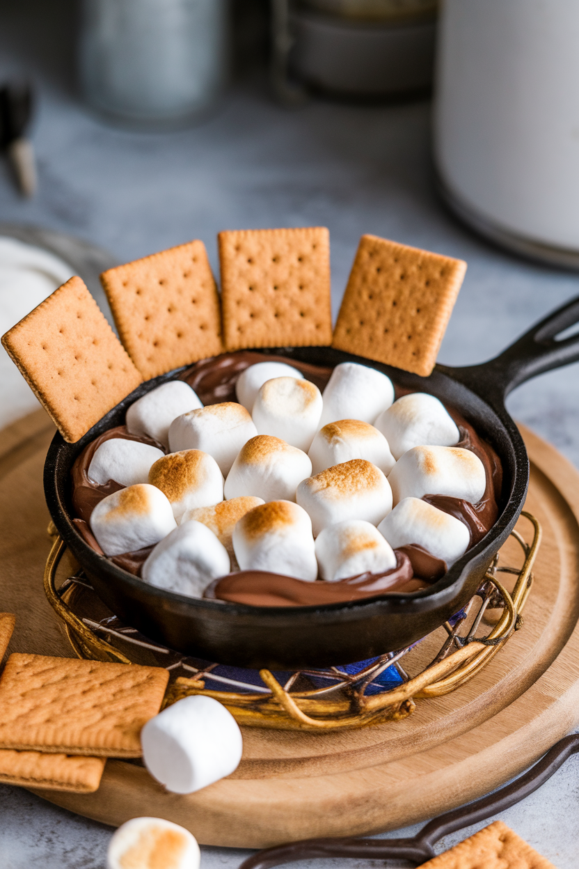 Indoor photo of a mini cast-iron skillet filled with melted chocolate and toasted marshmallows, graham crackers arranged around the rim. No text or logos.