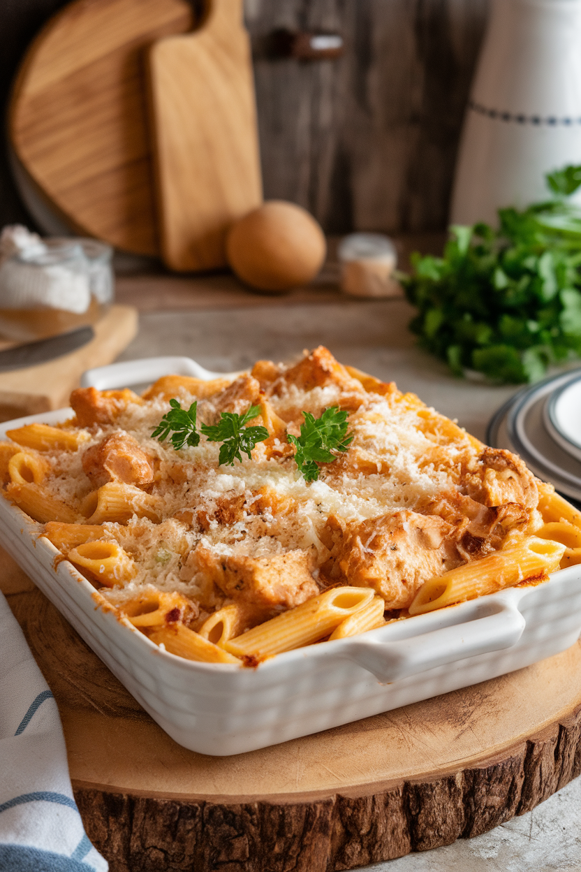 Casserole of baked penne Alfredo with chicken pieces and parsley garnish, photographed indoors. No text or logos. Photo.