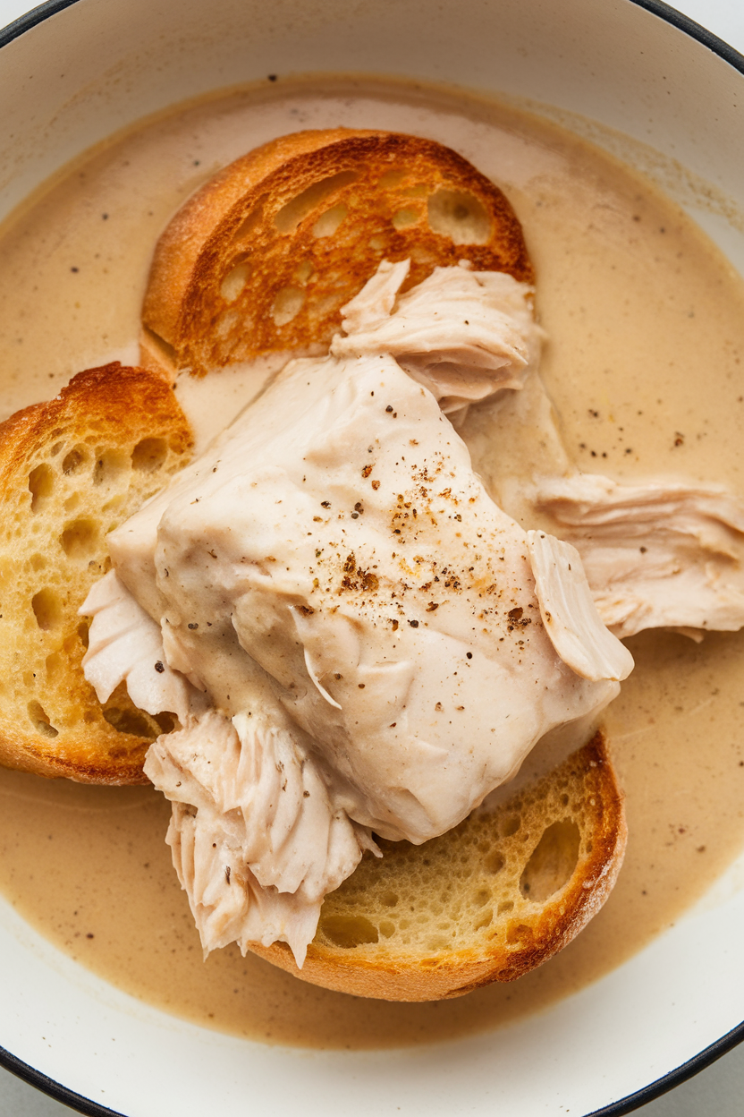 Indoor bowl of cod Newburg in velvety sherry cream sauce, served over toast points. No text or logos.