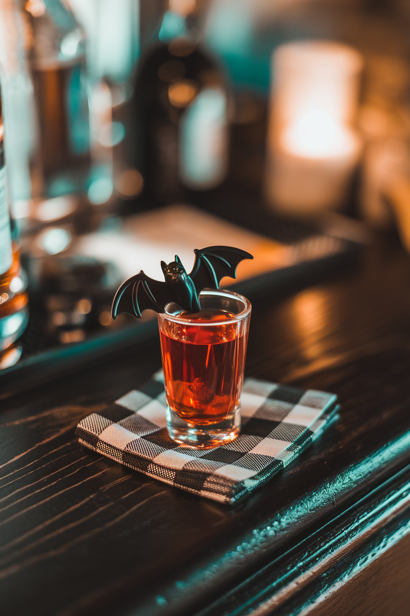 Indoor bar with shot glass of bright red cinnamon whisky, black plastic bat wings clipped to the rim. No text or logos shown. Photo, not illustration.